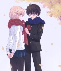 Rule 34 | 1boy, 1girl, adjusting another&#039;s clothes, adjusting scarf, arcueid brunestud, autumn, autumn leaves, black-framed eyewear, black hair, blonde hair, commentary request, feet out of frame, gakuran, glasses, highres, looking at another, muko (4moiut), own hands together, pantyhose, pleated skirt, red eyes, scarf, school uniform, short hair, skirt, smile, sweater, tohno shiki, tsukihime, tsukihime (remake), white sweater
