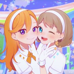 Rule 34 | 2girls, banner, blue eyes, blue sky, blush, brown hair, closed mouth, cloud, collared shirt, commentary, english commentary, from side, gloves, highres, looking at viewer, love live!, love live! superstar!!, multiple girls, one eye closed, open mouth, orange hair, orange neckwear, purple eyes, shibuya kanon, shirt, short hair, short sleeves, sky, smile, star (symbol), string of flags, tang keke, teeth, upper body, uuu&amp;no, white gloves, white hair, white shirt