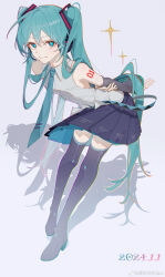 Rule 34 | 1girl, 2024, absurdres, aqua eyes, aqua hair, aqua necktie, aqua skirt, arms behind back, bare shoulders, black footwear, black skirt, boots, chinese commentary, collared shirt, commentary, dated, elbow sleeve, full body, grey background, hair ornament, hatsune miku, headphones, highres, kylin 47, layered skirt, leaning forward, long hair, looking at viewer, necktie, number tattoo, pleated skirt, shadow, shirt, shoulder blush, shoulder tattoo, skirt, sleeveless, sleeveless shirt, solo, star (symbol), tattoo, thigh boots, twintails, very long hair, vocaloid, weibo logo, weibo watermark, white shirt