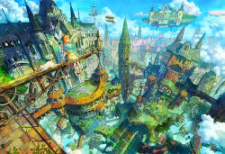 Rule 34 | 1girl, aircraft, airship, animal, architecture, arms at sides, blue shirt, blue sky, breasts, brown footwear, brown skirt, building, castle, cat, closed mouth, cloud, cloudy sky, commentary request, fantasy, floating island, from above, kaitan, leaf, long hair, looking away, orange eyes, orange hair, original, outdoors, scenery, shirt, shoes, skirt, sky, small breasts, smile, solo, spire, tower, tree, white cat, wide shot