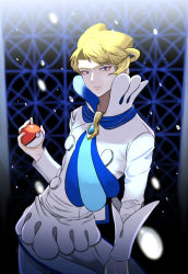 Rule 34 | 1boy, absurdres, apron, ascot, blonde hair, blue ascot, blue eyes, blurry, closed mouth, commentary request, creatures (company), elite four, game freak, hand up, high collar, highres, holding, holding poke ball, long sleeves, looking at viewer, male focus, nintendo, okuro zmzm, poke ball, poke ball (basic), pokemon, pokemon xy, shirt, short hair, siebold (pokemon), solo, swept bangs, white shirt
