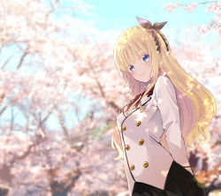 Rule 34 | 1girl, arms behind back, black ribbon, black skirt, blazer, blonde hair, blue eyes, blurry, blurry background, blush, bow, center frills, cherry blossoms, closed mouth, commentary request, day, depth of field, flower, frills, hair ribbon, highres, jacket, juliet persia, kishuku gakkou no juliet, long hair, long sleeves, natsupa, outdoors, petals, pink flower, pleated skirt, red bow, ribbon, shirt, skirt, smile, solo, standing, striped, striped bow, tree, very long hair, white jacket, white shirt