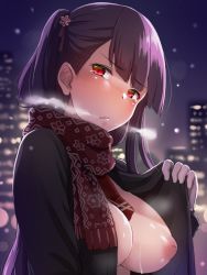 Rule 34 | 1girl, alternate costume, blush, breasts, breathing, cityscape, coat, cold, exhibitionism, girls&#039; frontline, gloves, hair ornament, hiruno, inverted nipples, large breasts, long hair, looking at viewer, naked coat, night, nipples, one side up, outdoors, public indecency, purple hair, red eyes, ribbon, scarf, solo, sweat, very long hair, wa2000 (girls&#039; frontline)