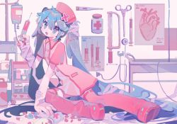 Rule 34 | 1girl, aqua eyes, aqua hair, bandaged arm, bandages, bandaid on wrist, boots, breasts, diagram, full body, hair between eyes, hat, hatsune miku, highres, holding, holding syringe, infirmary, intravenous drip, long hair, looking at viewer, nurse, nurse cap, open mouth, pill, pill bottle, pink hat, pink shirt, pink theme, red footwear, renzhi00334233, scissors, shirt, short sleeves, sitting, small breasts, smile, solo, stethoscope, syringe, thermometer, thigh boots, twintails, vocaloid