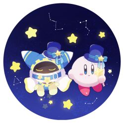 Rule 34 | animal ears, belt, belt buckle, belt collar, blue background, blue belt, blue bow, blue eyes, blue hat, blue hood, blush stickers, border, bow, buckle, cape, closed eyes, closed mouth, collar, colored skin, constellation, covered mouth, disembodied hand, frilled hat, frills, gloves, hat, hat bow, hat ornament, holding, holding wand, kae77p, kirby, kirby (series), looking at viewer, magolor, mini hat, mini top hat, nintendo, no humans, pink skin, red footwear, round border, scarf, shoes, smile, space, star (symbol), star hat ornament, star rod, striped bow, top hat, wand, white border, white cape, white gloves, white scarf