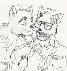 Rule 34 | 2boys, animal ears, animal hands, annoyed, bara, billy russell (dickfish), collared jacket, couple, dickfish (fishismdick), dog boy, dog ears, facial hair, fang, fang out, fingernails, fox boy, fox ears, frown, furrification, furry, furry male, furry with furry, glasses, heart, jacket, john rottweil (dickfish), male focus, mature male, military, military uniform, multiple boys, muscular, muscular male, mustache, original, scan, sharp fingernails, short hair, sideburns, sketch, smelling, smile, thick eyebrows, traditional media, translation request, uniform, upper body, yaoi