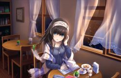 Rule 34 | 1girl, black hair, blouse, blue eyes, blue shirt, book, bookmark, bookshelf, coffee, collarbone, cookie, cup, curtains, drink, eyebrows, food, hairband, highres, idolmaster, idolmaster cinderella girls, idolmaster cinderella girls starlight stage, jewelry, long hair, long sleeves, looking at viewer, necklace, nib pen (object), open window, pen, plant, potted plant, sagisawa fumika, shirt, sitting, solo, table, tissue, window, wooden chair, wooden floor, wooden table