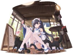 Rule 34 | 1girl, :o, allenes, animal, animal ear fluff, animal ears, apron, arm up, ass, azur lane, bare shoulders, bell, between legs, black border, black cat, black footwear, black hair, blue eyes, blue ribbon, blue skirt, blunt bangs, blush, book, bookshelf, border, bow, breasts, cat, cat ears, cat girl, cat tail, ceiling light, chair, convenient censoring, convenient leg, day, detached sleeves, extra ears, feet, frilled skirt, frills, hair ornament, hair ribbon, hatsuharu (azur lane), hatsuharu (hatsuharu&#039;s cat cafe caper) (azur lane), highres, holding, indoors, japanese clothes, jingle bell, kimono, knees together feet apart, knees up, lamp, long hair, long sleeves, looking at viewer, maid, maid headdress, medium breasts, nontraditional miko, official alternate costume, official art, open mouth, parted lips, petting, plant, platform footwear, pleated skirt, potted plant, ribbon, ribbon-trimmed sleeves, ribbon trim, sandals, shelf, sideboob, sitting, skirt, solo, table, tail, tail bell, tail censor, tail ornament, thighhighs, thighs, two side up, very long hair, wa maid, white sleeves, white thighhighs, wide sleeves, window, wooden floor, zouri