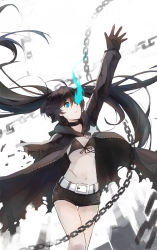 Rule 34 | 10s, 1girl, arm up, bad id, bad pixiv id, bare legs, belt, bikini, bikini top only, black gloves, black hair, black rock shooter, black rock shooter (character), blue eyes, chain, choker, gloves, glowing, glowing eye, hand up, highres, hip focus, injury, jacket, long hair, looking up, midriff, navel, open clothes, open jacket, outstretched arm, pale skin, scar, severed limb, short shorts, shorts, solo, swimsuit, twintails, very long hair, zhuxiao517, zipper
