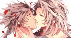 Rule 34 | 2boys, black shirt, blue eyes, blue shirt, collared shirt, commentary, couple, dangle earrings, dissidia final fantasy, earrings, facing to the side, falling petals, final fantasy, final fantasy i, final fantasy ii, firion, grey hair, hair tie, half-closed eyes, hand on another&#039;s face, highres, imminent kiss, jewelry, long hair, looking at another, low ponytail, male focus, minatoya mozuku, multiple boys, parted lips, petals, ponytail, red petals, shirt, simple background, sleeveless, sleeveless shirt, teardrop, tearing up, upper body, warrior of light (ff1), white background, yaoi, yellow eyes