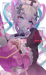 Rule 34 | 1girl, absurdres, blood, blue eyes, blue hair, bow, chainsaw, chouzetsusaikawa tenshi-chan, closed mouth, dress, hair bow, hair ornament, hat, heart, highres, looking at viewer, multicolored hair, needy girl overdose, nurse cap, pill, pink blood, pink hair, puffy sleeves, quad tails, solo, twintails, wny (wnys art)