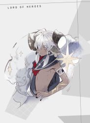 Rule 34 | 1boy, androgynous, aries (lord of heroes), clover games, dark-skinned male, dark skin, earrings, highres, horns, jewelry, looking at viewer, looking to the side, lord of heroes, nail polish, official art, sheep boy, sheep horns, solo, white hair