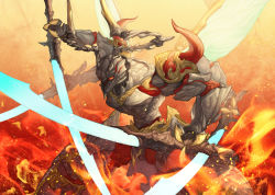 Rule 34 | armor, blade, dual wielding, extra arms, final fantasy, final fantasy xiv, fire, grey horns, holding, horns, insect wings, mt (ringofive), no humans, ravana, red eyes, solo, standing, wings