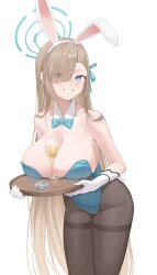 Rule 34 | 1girl, absurdres, animal ears, aqua leotard, asuna (blue archive), asuna (bunny) (blue archive), between breasts, blue archive, blue bow, blue bowtie, blue eyes, blue halo, blue leotard, bow, bowtie, breast rest, breasts, breasts on tray, carried breast rest, carrying, hair over one eye, halo, highres, holding, holding tray, large breasts, leotard, long hair, looking at viewer, midori xu, mole, mole on breast, official alternate costume, pantyhose, playboy bunny, rabbit ears, sabotaged condom, simple background, smile, solo, strapless, strapless leotard, tray, white background