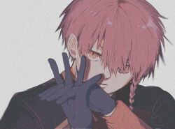 Rule 34 | 1boy, black gloves, black shirt, blue lock, braid, closed mouth, commentary request, gloves, grey background, hands up, highres, kurona ranze, long sleeves, looking at viewer, mageuchi5486, male focus, own hands together, red eyes, red hair, red shirt, shirt, short hair, side braid, single braid, solo, two-tone shirt, upper body