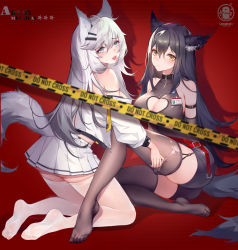 Rule 34 | 2girls, absurdres, animal ear fluff, animal ears, arknights, arm strap, artist name, ass, bare shoulders, belt, black hair, black legwear, black nails, blue eyes, blush, breasts, brown eyes, cat ears, caution tape, cleavage, cleavage cutout, closed mouth, clothing cutout, collarbone, commentary request, detached sleeves, feet, from side, garter straps, hair between eyes, hair ornament, hairclip, hand on another&#039;s leg, heart cutout, highres, id card, jacket, knee up, kneeling, lappland (arknights), large breasts, long hair, long sleeves, looking at viewer, medium breasts, melailai, miniskirt, multiple girls, nail polish, no shoes, off-shoulder jacket, off shoulder, pleated skirt, red background, red belt, scar, silver hair, sitting, skindentation, skirt, tail, texas (arknights), thighhighs, tongue, tongue out, torn clothes, torn legwear, very long hair, white jacket, white legwear, wolf ears, yellow eyes, zettai ryouiki, zipper pull tab
