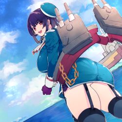 Rule 34 | 10s, 1girl, ass, beret, black gloves, black hair, black thighhighs, breasts, cloud, cloudy sky, curvy, day, from behind, garter straps, gloves, hat, huge breasts, kantai collection, looking at viewer, military, military uniform, miniskirt, outdoors, plump, red eyes, sakita (ookawarii), short hair, skindentation, skirt, sky, smile, solo, takao (kancolle), thick thighs, thighhighs, thighs, uniform, wide hips