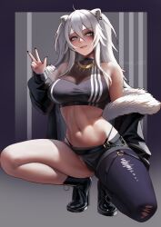Rule 34 | 1girl, absurdres, ahoge, animal ears, black nails, blush, boots, breasts, cleavage, crop top, fur-trimmed jacket, fur trim, gluteal fold, gradient background, grey eyes, grey hair, hair between eyes, highres, hololive, jacket, large breasts, lazik 1337, lion ears, lion girl, lion tail, long hair, looking at viewer, midriff, navel, o-ring, o-ring thigh strap, off shoulder, shishiro botan, shishiro botan (1st costume), sidelighting, smile, solo, spread legs, squatting, tail, thigh strap, thighs, thong, torn clothes, v, virtual youtuber