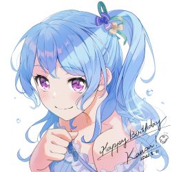 Rule 34 | 1girl, absurdres, bang dream!, bare shoulders, blue bow, blue dress, blue hair, blush, bow, closed mouth, dated, dress, dress bow, english text, flower, frilled dress, frills, from above, hair flower, hair ornament, hair ribbon, hand on own chest, happy birthday, highres, looking at viewer, matsubara kanon, medium hair, nobusawa osamu, one side up, portrait, purple eyes, ribbon, shadow, sidelocks, simple background, smile, solo, strapless, strapless dress, upturned eyes, water drop, white background