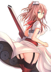 Rule 34 | 10s, 1girl, antiqq, ass, back-seamed legwear, blouse, breasts, dress, drum magazine, garter straps, green eyes, highres, holding, holding clothes, holding skirt, kantai collection, looking at viewer, looking back, magazine (weapon), md5 mismatch, medium breasts, neckerchief, ponytail, red hair, red neckerchief, red thighhighs, saratoga (kancolle), seamed legwear, shirt, skirt, smile, solo, thighhighs, thighs, white dress, white shirt, white skirt
