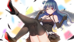 Rule 34 | 1girl, ;), bare shoulders, black dress, black footwear, black gloves, black thighhighs, black wings, blue hair, blurry, blurry background, blush, breasts, closed mouth, commentary request, criss-cross halter, dress, elbow gloves, feathered wings, feathers, frilled gloves, frills, gloves, hair bun, halter dress, halterneck, high heels, highres, layered dress, legs up, looking at viewer, love live!, love live! school idol festival, love live! sunshine!!, medium breasts, one eye closed, pink eyes, red soles, shoes, side bun, single hair bun, single side bun, sleeveless, sleeveless dress, smile, solo, sparkle, thighhighs, thighs, tsushima yoshiko, v, v over eye, wings, zhanzheng zi