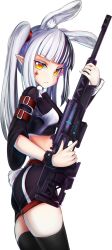 Rule 34 | animal ears, apex legends, black hair, black shorts, black thighhighs, breasts, brown eyes, charlotte (weplanet), from side, gun, highres, holding, holding gun, holding weapon, kishinco, medium breasts, multicolored hair, rabbit ears, rabbit girl, rabbit tail, rifle, sentinel esr, shorts, sniper rifle, streaked hair, tail, thighhighs, twintails, virtual youtuber, weapon, weplanet, white hair