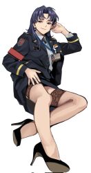 Rule 34 | 1girl, armband, black eyes, black footwear, blue jacket, blue skirt, epaulettes, full body, high heels, highres, id card, invisible chair, jacket, katsuragi misato, lace, lace-trimmed thighhighs, lanyard, leaning back, long hair, looking at viewer, military uniform, neon genesis evangelion, open clothes, open jacket, partially unbuttoned, pencil skirt, purple hair, red armband, see-through, see-through legwear, shirt, simple background, sitting, skirt, smile, solo, thighhighs, uniform, wani (perfect han), white background, white shirt