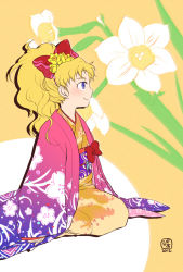 Rule 34 | 1girl, 2012, blonde hair, blue eyes, closed mouth, commentary request, final fantasy, final fantasy v, flower, hair ornament, japanese clothes, kimono, krile mayer baldesion (ff5), long hair, pekamatu, ponytail, smile, solo