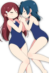 Rule 34 | 2girls, blue hair, blue one-piece swimsuit, blush, clenched hands, competition school swimsuit, closed eyes, hair bun, hair ornament, hairclip, half updo, hands up, long hair, love live!, love live! sunshine!!, lying, miyako hito, multiple girls, on side, one-piece swimsuit, red hair, sakurauchi riko, school swimsuit, side bun, single side bun, sleeping, smile, swimsuit, tsushima yoshiko, white background, yuri