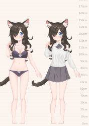 Rule 34 | 1girl, aina (mao lian), animal ear fluff, animal ears, bare arms, bare legs, bare shoulders, barefoot, blue eyes, blush, bra, breasts, brown hair, cat ears, cat tail, cleavage, closed mouth, detached sleeves, gluteal fold, grey ribbon, grey skirt, hair over one eye, hand up, height chart, highres, long hair, long sleeves, looking at viewer, mao lian (nekokao), medium breasts, miniskirt, navel, neck ribbon, nekomusume, one eye closed, original, panties, pleated skirt, purple bra, purple panties, ribbon, shirt, skirt, smile, solo, tail, underwear, underwear only, white shirt