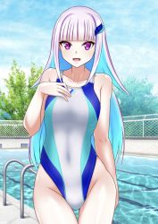 Rule 34 | 1girl, blue hair, blue sky, blunt bangs, breasts, cloud, colored inner hair, commentary request, competition swimsuit, covered navel, cowboy shot, day, dog hair ornament, hair ornament, highleg, highleg swimsuit, highres, lize helesta, long hair, looking at viewer, multicolored clothes, multicolored hair, multicolored swimsuit, nijisanji, one-piece swimsuit, open mouth, outdoors, pool, purple eyes, silver hair, sky, small breasts, smile, solo, swimsuit, two-tone hair, virtual youtuber, white one-piece swimsuit, yurizuku owl