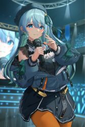 Rule 34 | 1girl, absurdres, almico, belt, beret, blue eyes, blue hair, blurry, blurry background, bow, bow earrings, choker, concert, cowboy shot, earrings, glint, glowstick, hair ornament, hair ribbon, hands up, hat, highres, hololive, hoshimachi suisei, hoshimachi suisei (streetwear), idol, indoors, jacket, jewelry, long hair, looking at viewer, microphone, off shoulder, official alternate costume, orange pantyhose, pantyhose, parted lips, penlight (glowstick), raised eyebrows, ribbon, screen, solo, stage, stage lights, star (symbol), star hair ornament, star in eye, symbol in eye, virtual youtuber