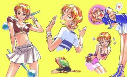 Rule 34 | 1girl, absurdres, bare legs, blood, blush, breasts, cleavage, highres, holding, holding weapon, injury, landeg, large breasts, looking at viewer, looking to the side, multiple views, nami (one piece), navel, one piece, orange hair, short hair, skirt, sweat, weapon, wide hips