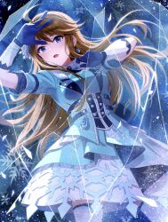 Rule 34 | 1girl, absurdres, ahoge, blue dress, blue eyes, breasts, brown hair, chain, dress, earrings, frozen, gloves, hair ornament, highres, ice, ice block, idolmaster, idolmaster million live!, idolmaster million live! theater days, jewelry, kurobako bb, long hair, looking at viewer, medium breasts, open mouth, skirt, snowflake hair ornament, snowflakes, solo, swept bangs, tokoro megumi