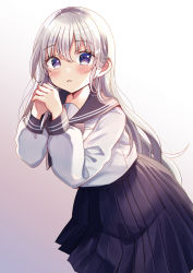 Rule 34 | 1girl, backlighting, bad id, bad pixiv id, black sailor collar, black skirt, blue eyes, blush, commentary request, gradient background, grey background, hair between eyes, hands up, highres, long hair, looking at viewer, minami saki, original, own hands together, parted lips, pleated skirt, sailor collar, school uniform, serafuku, shirt, silver hair, skirt, solo, very long hair, white background, white shirt