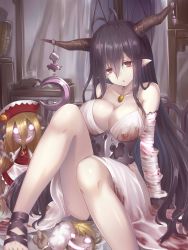 Rule 34 | 10s, 1girl, antenna hair, bandages, bandaged arm, bandages, black hair, black panties, blood, bloody bandages, blood on clothes, bloody dress, breasts, cleavage, danua, draph, dress, granblue fantasy, highres, horn ornament, horns, jewelry, knees up, large breasts, long hair, looking at viewer, necklace, oukawa yuu, panties, parted lips, pointy ears, puppet, red eyes, sitting, solo, underwear, white dress