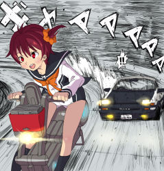 Rule 34 | !, !!, 1girl, :d, ae86, antenna hair, ascot, bare legs, basket, battle, black socks, blush, bow, bowtie, breasts, car, crossover, debris, drifting, happy, hover bike, initial d, isshiki akane, karupiso, kneehighs, leaning forward, lights, long sleeves, motion blur, motor vehicle, neckerchief, newspaper, open mouth, outdoors, outline, parody, partially colored, racing, red eyes, red hair, right-hand drive, road, school uniform, scrunchie, serafuku, short hair, short shorts, short twintails, shorts, sleeve cuffs, small breasts, smile, smoke, socks, sound effects, style parody, toyota, toyota sprinter trueno, toyota trueno ae-86, twintails, vehicle, vividred operation