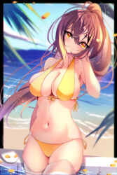 Rule 34 | 1girl, absurdres, beach, bikini, black hair, blue sky, breasts, brown eyes, brown hair, closed mouth, day, falling petals, floating hair, high ponytail, highres, hololive, hololive english, large breasts, long hair, looking at viewer, multicolored hair, nanashi mumei, navel, ocean, outdoors, petals, ponytail, sitting, sky, smile, solo, stomach, streaked hair, swimsuit, the0neulost, thighhighs, very long hair, virtual youtuber, water, white hair, white thighhighs, yellow bikini