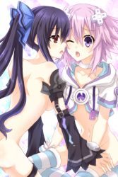 Rule 34 | 10s, 2girls, bad id, bad pixiv id, black hair, blush, breasts, d-pad, detached sleeves, female focus, hair ornament, hinano, long hair, multiple girls, neptune (neptunia), neptune (series), noire (neptunia), one eye closed, partially undressed, purple eyes, purple hair, red eyes, saliva, saliva trail, short hair, thighhighs, tongue, tongue out, twintails, yuri