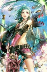 Rule 34 | 1girl, absurdly long hair, ammunition, ammunition belt, arm strap, arm tattoo, asymmetrical gloves, bare shoulders, belt, belt buckle, bikini, bikini top only, blue hair, braid, buckle, bullet, bullet necklace, elbow gloves, fingerless gloves, gloves, jewelry, jinx (league of legends), league of legends, lipstick, long hair, makeup, mismatched gloves, necklace, pink eyes, pink thighhighs, short shorts, shorts, single thighhigh, smile, solo, stomach tattoo, swimsuit, tattoo, thigh strap, thighhighs, twin braids, uneven gloves, very long hair, weapon