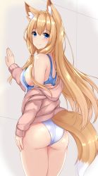 Rule 34 | 1girl, animal ear fluff, animal ears, ass, bare shoulders, blonde hair, blue eyes, blush, breasts, brown jacket, commentary request, competition swimsuit, cowboy shot, fox ears, fox girl, fox tail, highres, jacket, large breasts, long hair, looking at viewer, looking back, off shoulder, one-piece swimsuit, open clothes, open jacket, original, smile, sogaya, solo, standing, swimsuit, tail, thighs