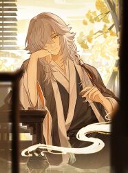 Rule 34 | 1boy, architecture, chinese clothes, closed mouth, east asian architecture, fox01271, grey hair, hair over one eye, hand on own face, honkai: star rail, honkai (series), jing yuan, long hair, male focus, on ground, robe, solo, yellow eyes