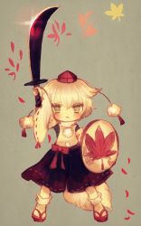 Rule 34 | 1girl, :&lt;, animal ears, bad id, bad pixiv id, blush, hat, inubashiri momiji, leaf, long sleeves, looking at viewer, pom pom (clothes), ribbon, shield, shirt, short hair, simple background, skirt, solo, sword, tail, tengu, tokin hat, touhou, weapon, white hair, wolf ears, wolf tail, yujup