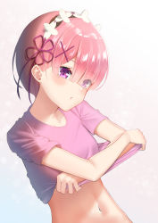 Rule 34 | 1girl, alternate costume, clothes lift, collarbone, commentary request, gradient background, hair ornament, hair ribbon, lifted by self, looking at viewer, navel, pink hair, pink ribbon, pink shirt, ram (re:zero), re:zero kara hajimeru isekai seikatsu, ri qing, ribbon, shirt, shirt lift, short hair, short sleeves, simple background, solo, t-shirt, x hair ornament