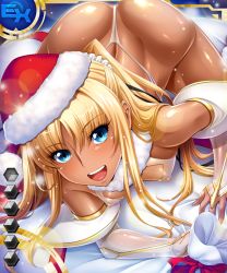 Rule 34 | 1girl, all fours, aoi nagisa (metalder), ass, bare legs, bare shoulders, blonde hair, blue eyes, blush, boots, breasts, card (ex-blue), card (medium), christmas, dark-skinned female, dark skin, female focus, futaba lili ramses, hat, legs, leotard, lilith-soft, long hair, looking at viewer, magical girl, nipples, open mouth, santa hat, shiny skin, small breasts, solo, spread legs, taimanin (series), taimanin asagi battle arena all card gallery, taimanin asagi kessen arena, tentacle and witches, thong leotard, twintails