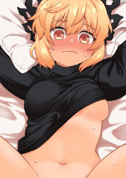Rule 34 | 1girl, black bow, black shirt, blonde hair, blush, bow, breasts, brown eyes, closed mouth, commentary request, cowboy shot, fuuzasa, hair bow, highres, kurodani yamame, looking at viewer, lying, medium breasts, navel, no bra, no panties, nose blush, on back, on bed, pillow, shirt, short hair, solo, touhou, turtleneck, underboob, wavy mouth