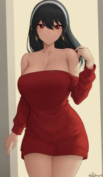 Rule 34 | 1girl, absurdres, bare shoulders, black hair, breasts, cleavage, collarbone, earrings, hairband, highres, jewelry, large breasts, long hair, long sleeves, looking at viewer, off-shoulder sweater, off shoulder, red eyes, red sweater, sidelocks, solo, spy x family, sweater, thighs, yor briar, zaphn
