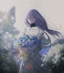 1girl absurdres atsuko_(blue_archive) blue_archive blue_flower bouquet closed_eyes dress field flower flower_field from_side hair_between_eyes highres holding holding_bouquet kyatto-mikazu long_hair own_hands_together pink_hair shaded_face sidelocks white_dress white_flower