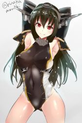 Rule 34 | 10s, 1girl, adapted costume, armpits, arms behind head, arms up, black hair, breasts, competition swimsuit, covered erect nipples, female focus, hair between eyes, headgear, impossible clothes, impossible swimsuit, kantai collection, large breasts, long hair, moruchi (rinaka moruchi), nagato (kancolle), one-piece swimsuit, red eyes, sketch, smile, solo, standing, swimsuit, thighs, twitter username