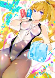 Rule 34 | 1girl, akasakak, blonde hair, blue towel, brand name imitation, can, coca-cola, competition swimsuit, cowboy shot, dolphin, drink can, fate/grand order, fate (series), highleg, highleg swimsuit, highres, jeanne d&#039;arc (fate), jeanne d&#039;arc (ruler) (fate), jeanne d&#039;arc (swimsuit archer) (fate), jeanne d&#039;arc (swimsuit archer) (second ascension) (fate), long hair, looking at viewer, multicolored background, one-piece swimsuit, ponytail, purple eyes, smile, soda can, solo, swimsuit, towel, whistle, whistle around neck, white one-piece swimsuit